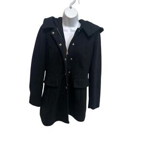 Guess black zip-up hooded pea coat, gold-tone buttons logo-etched Women’s PM